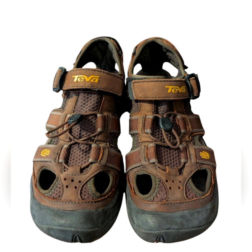 Teva omnium leather sandal brown yellow logo snap buckle size 8 mens